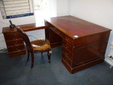 * Dark Oak Effect/Leather Topped Partners Desk with SIde Extension and Fix 3 Drawer Pedestal 1500