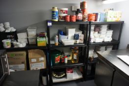 * 3 Bays Plastic Shelving including non perishable contents. This lot is located in the Step Down