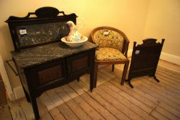 * Mahogany Double Door Marble Topped Wash Table with Upholstered Chair and Fire Screen. This lot