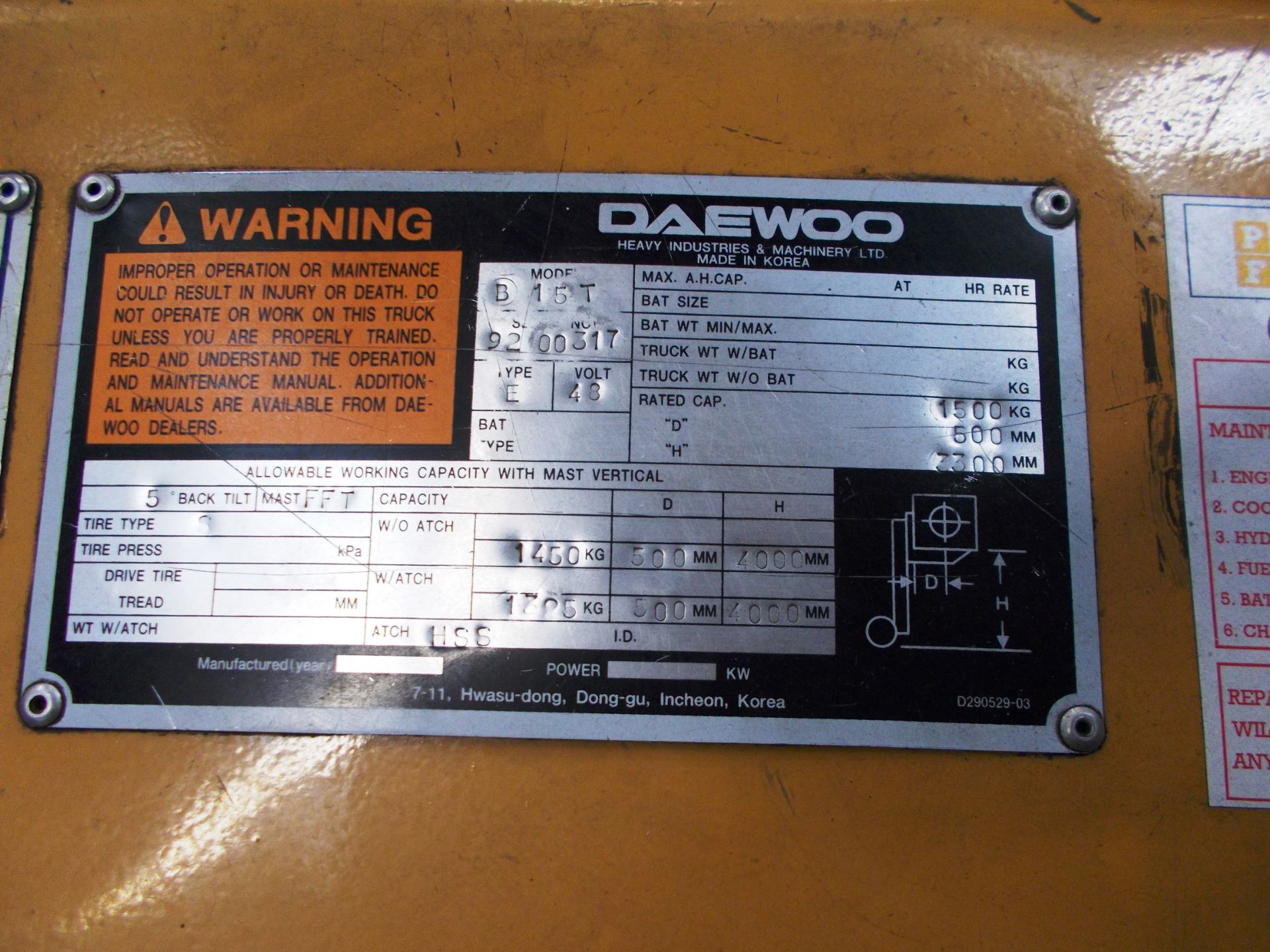 Daewoo D15T Electric Forklift Truck, capacity 1500kg, serial number 9200317 with side shift and - Image 5 of 8