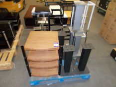 Pallet of Speaker Stands and Walnut Effect Audio Stand