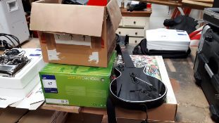 Xbox 360 console, Guitar hero guitar, DJ hero decks, & quantity VR headsets