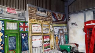 Assortment of British high street box canvas backdrops, approx. 10ft x 5ft