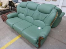 Three Piece Leather Suite in Green with a polished wooden finish to include One Three Seater and Two