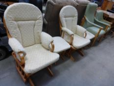 Two Matching Sets of Cream Rocking Chairs with Footstools together with Two Green Armchairs (est £