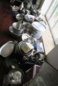 * A Large Quantity of Cooking Vessels, Pans, Two Boxes of Plastic Beakers. This lot is Buyer to