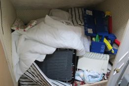 * Contents of Store Cupboard with Slumber Fun Folding Cot, Two Numatic Supply Trolleys, Single
