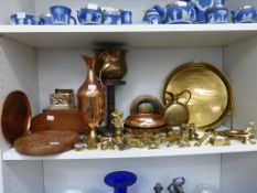 A Shelf containing a Selection of Metalware (mainly Brassware) including Dog Figures, Ewer