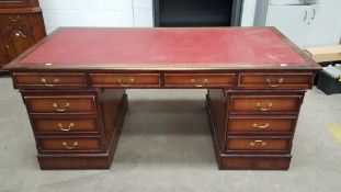 Large Pedestal Desk with red leather insert, two central drawers and two columns of two short and