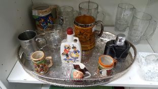 A Selection of Drinking Related Items including Glass, Procelain and Metal Tankards, Hipflask in