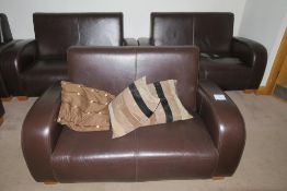 * Brown Three Two Seat Faux Leather Settees with Scatter Cushions. This lot is Buyer to Remove. This