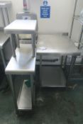 * Two Stainless Steel Prep Tables (table one H 87cm, W 60cm, D 76cm, table two H 87cm, W 30cm, D