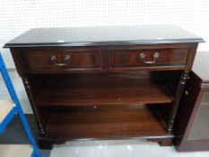 A Polished Wooden Hallway Unit with two drawers with drop down handles above an adjustable shelf,
