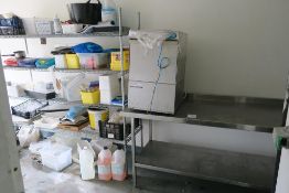 * A S/S Two Tier Prep Table with Four Shelf Unit and Contents (table H 87cm, W 180cm, D 70cm).