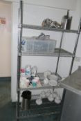 * A Four Open Shelf Unit with a Selection of Stainless Utensils and Ceramics etc. This lot is