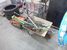 A Wheel Barrow and Gardening Hand Tools together with a Flymo Easy Glide 300