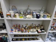 Three Shelves to include Horse Brasses, Clay Models and Ceramics (est £20-£40)