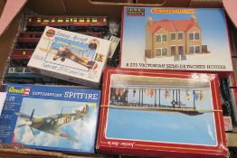 Model Railway. A box of assorted 'OO' Gauge Rolling Stock and Two Model Aircraft Kits etc (est £