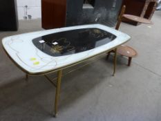 A Retro Coffee Table with Gold Coloured Frame and Undertier together with a Wooden Two Tier Cake