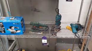 Quantity of hand tools to shelf, including MacAllister Meo5400 circular sander, Bosch PSS 23E