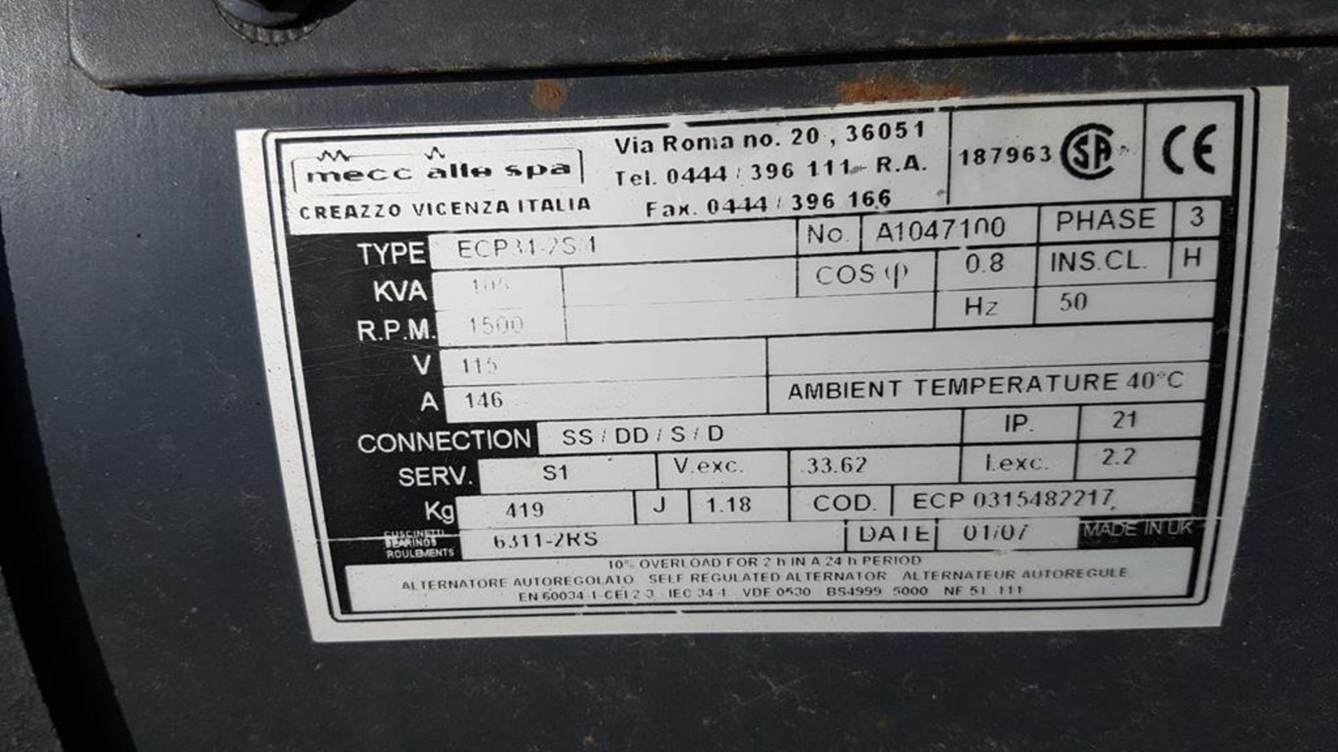 Mecc 105 KVA Alternator on Skid. - Image 3 of 3