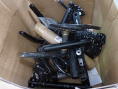 Box of used Cranks and Dropper Seat Posts