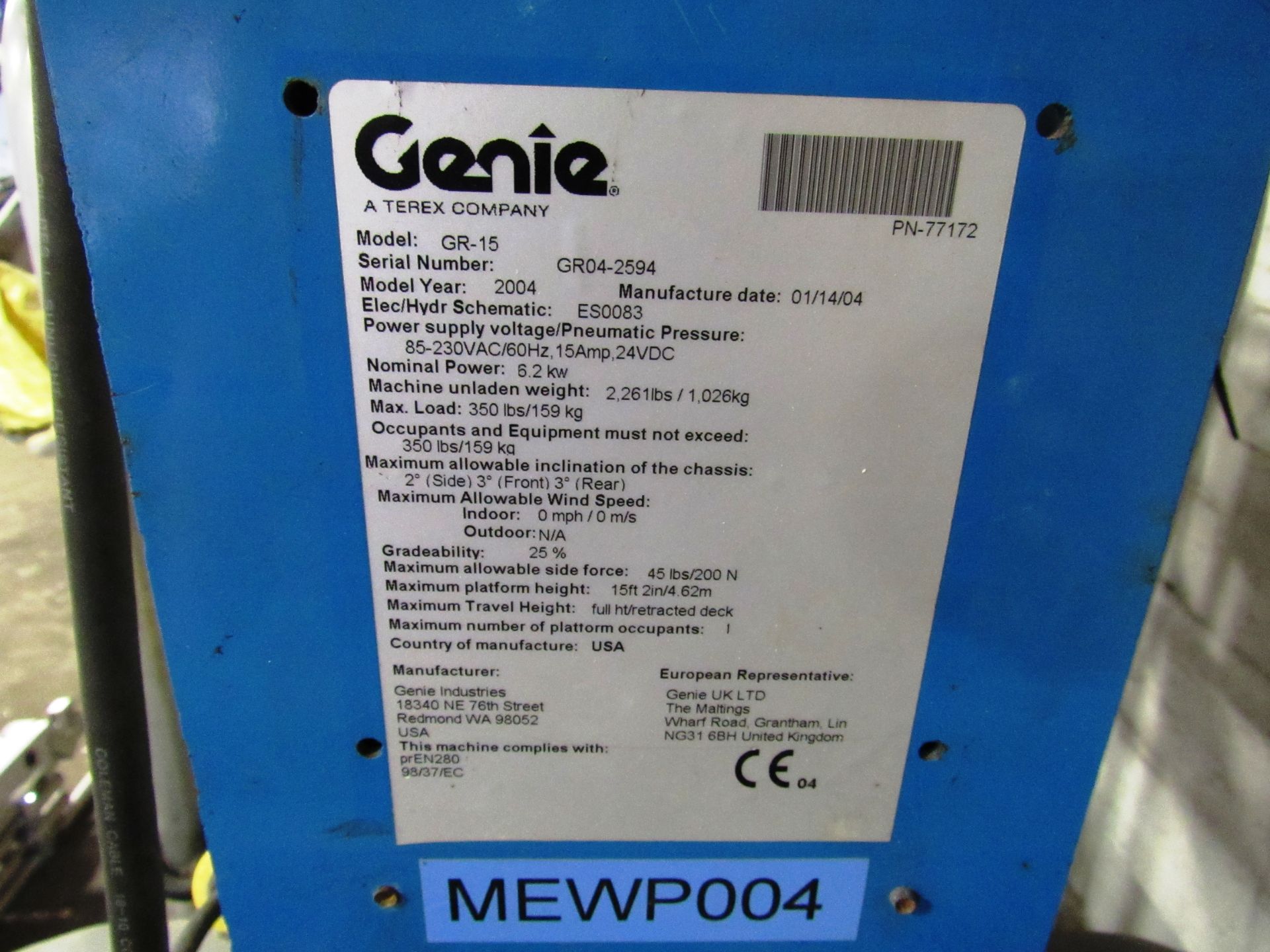 Genie Runabout GR-15 Vertical Lift, 6.2kw, 2004, serial number GR04-2594, no batteries - Image 4 of 5