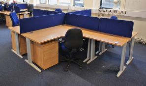 * Oak Effect 4 Person Desk Cluster Comprising of 2 R/H Radius Desks 1600x1200mm, 2 L/H Radius