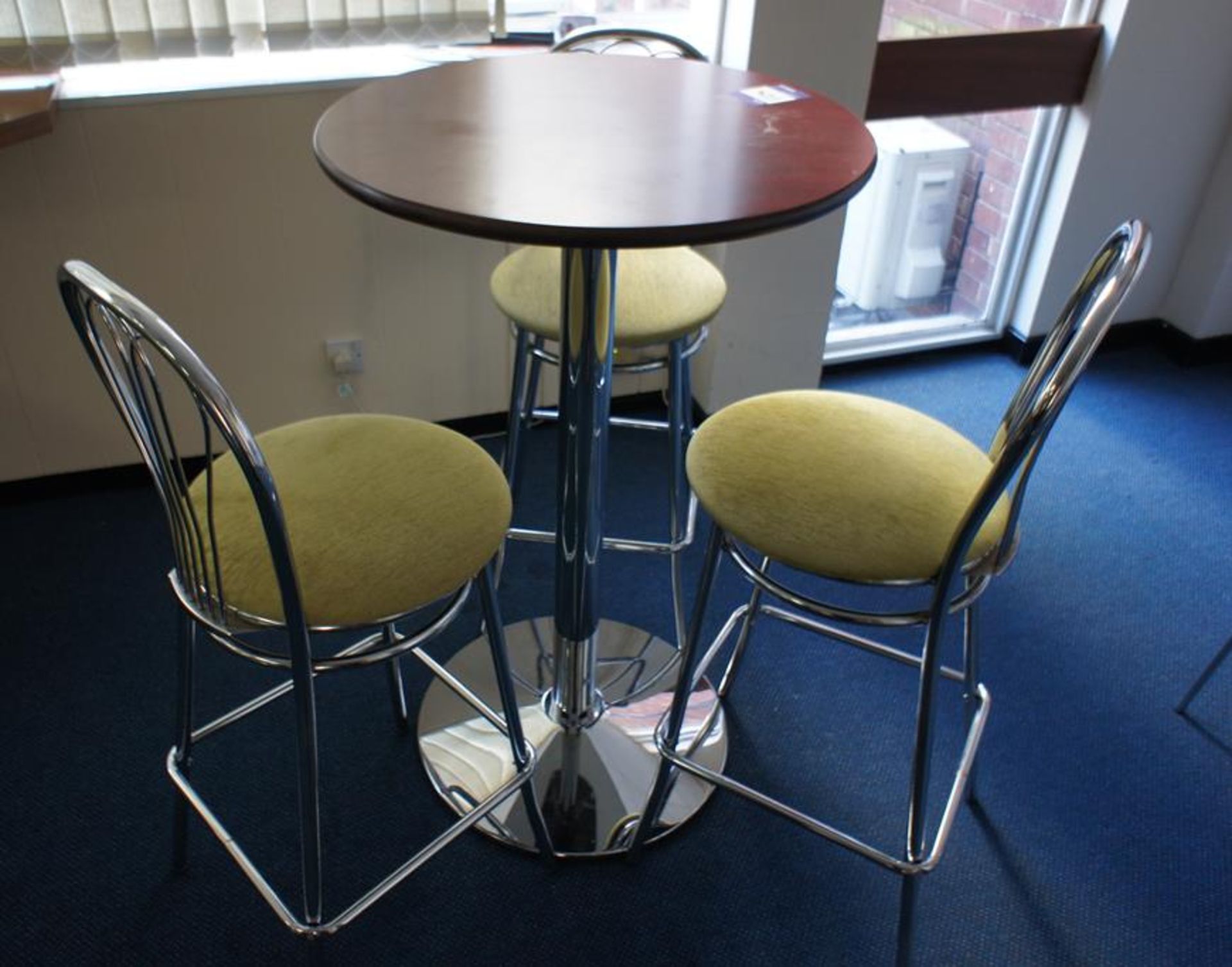 * Mahogany Effect Poseur Table 680 diameter with 3 x Chrome Framed Stools Photographs are provided