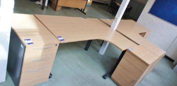 * 2 Oak Effect Radius Desks with 4 Desk High Pedestals Photographs are provided for example purposes