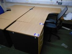 * 2 Oak Effect L/H and R/H Radius 1600 x 1000 Desks with 2 Desk High 3 Drawer Pedestals and 2 Mobile