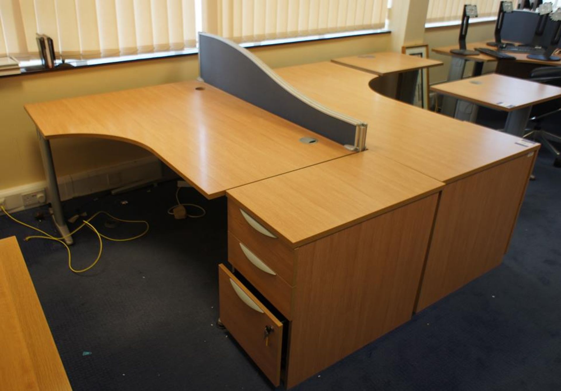 * Oak Effect Desk Cluster comprising R/H Radius Desk 1600 x 1200, L/H Radius Desk 1600 x 1200, 2 x