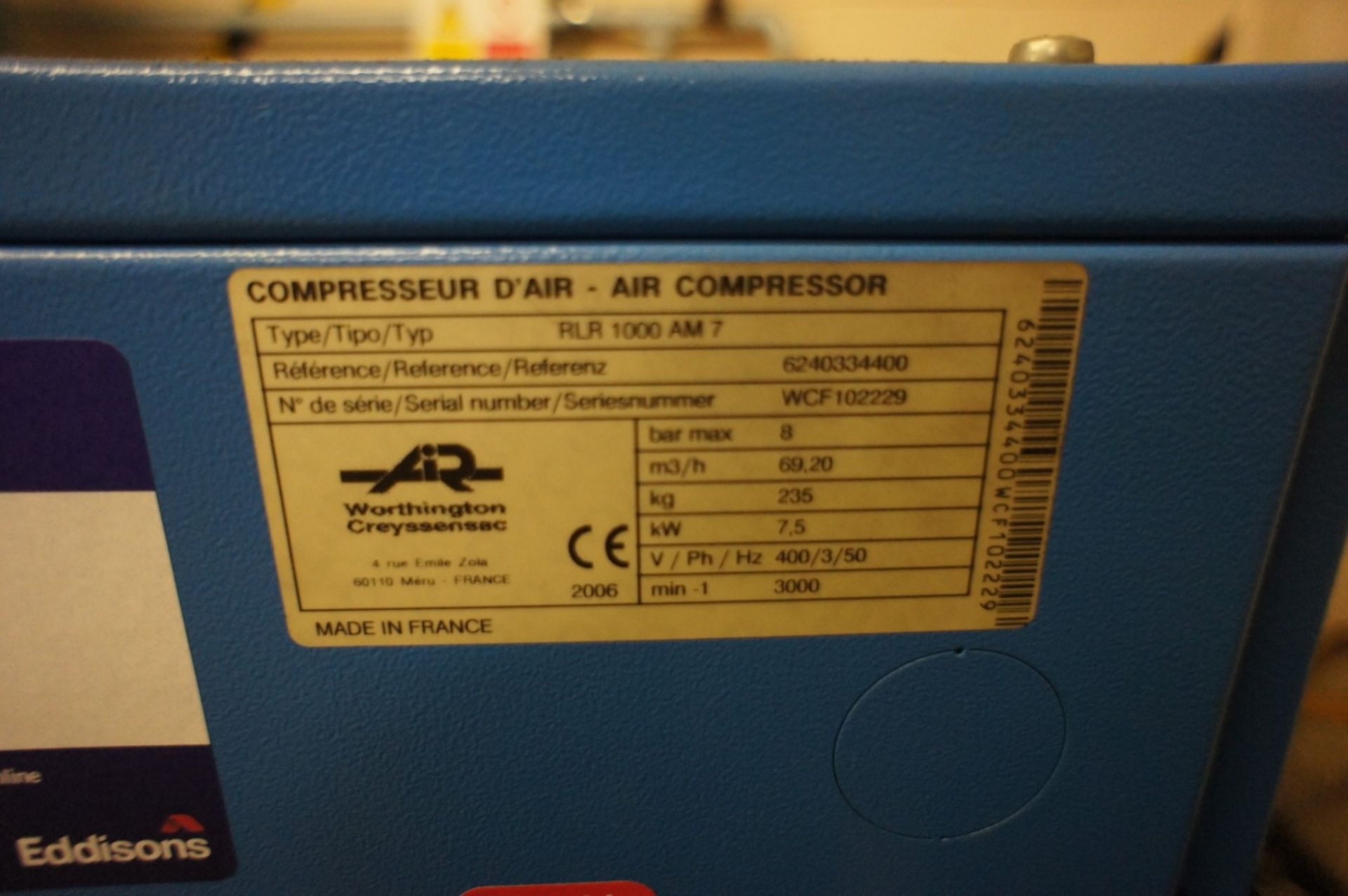 * Worthington RLR 1000 AM7 Packaged Air Compressor, 8 Bar, serial number 6240334400, Year 2006 - Image 3 of 6