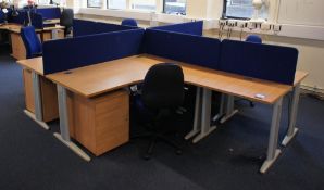 * Oak Effect 4 Person Desk Cluster Comprising of 2 R/H Radius Desks 1600x1200mm, 2 L/H Radius