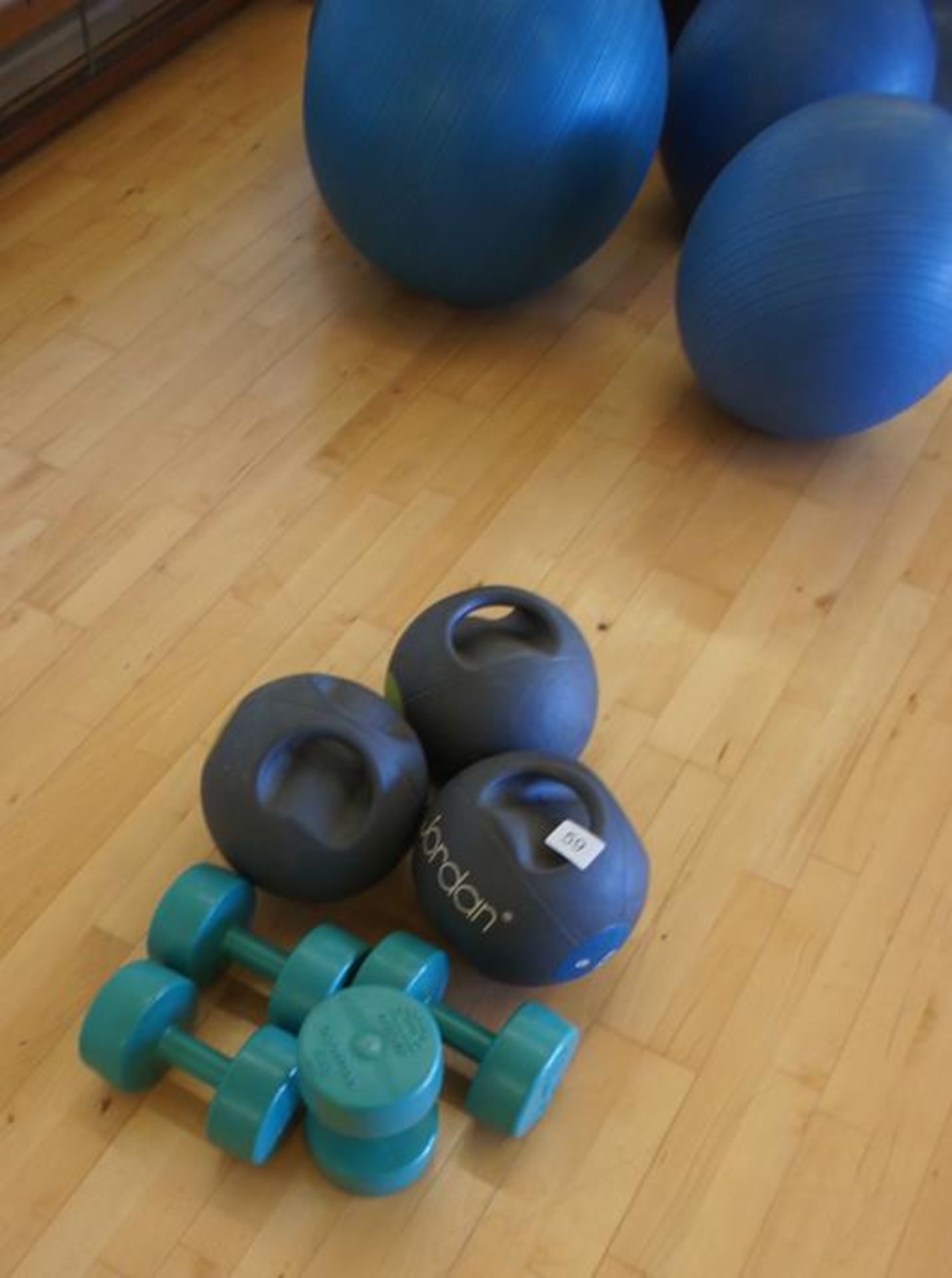 * 4 Various Plastic Weider Olympian Dumb Bells and 3 Various Jordan Ball Bells. Please note