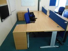 * Oak Effect Desk Cluster comprising L/H and R/H Radius Desk 1600 x 1200, 4 Desk High 3 Drawer
