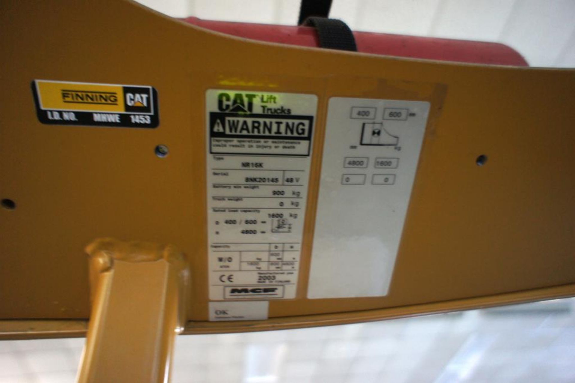 * Cat NR16K Reach Truck, electric, 1600kg capacity, triple mast, 4800mm lift height, serial number - Image 7 of 7