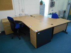 * Oak Effect Desk Cluster comprising L/H and R/H Radius Desks, 3 Desk High Pedestals and 2 Mobile
