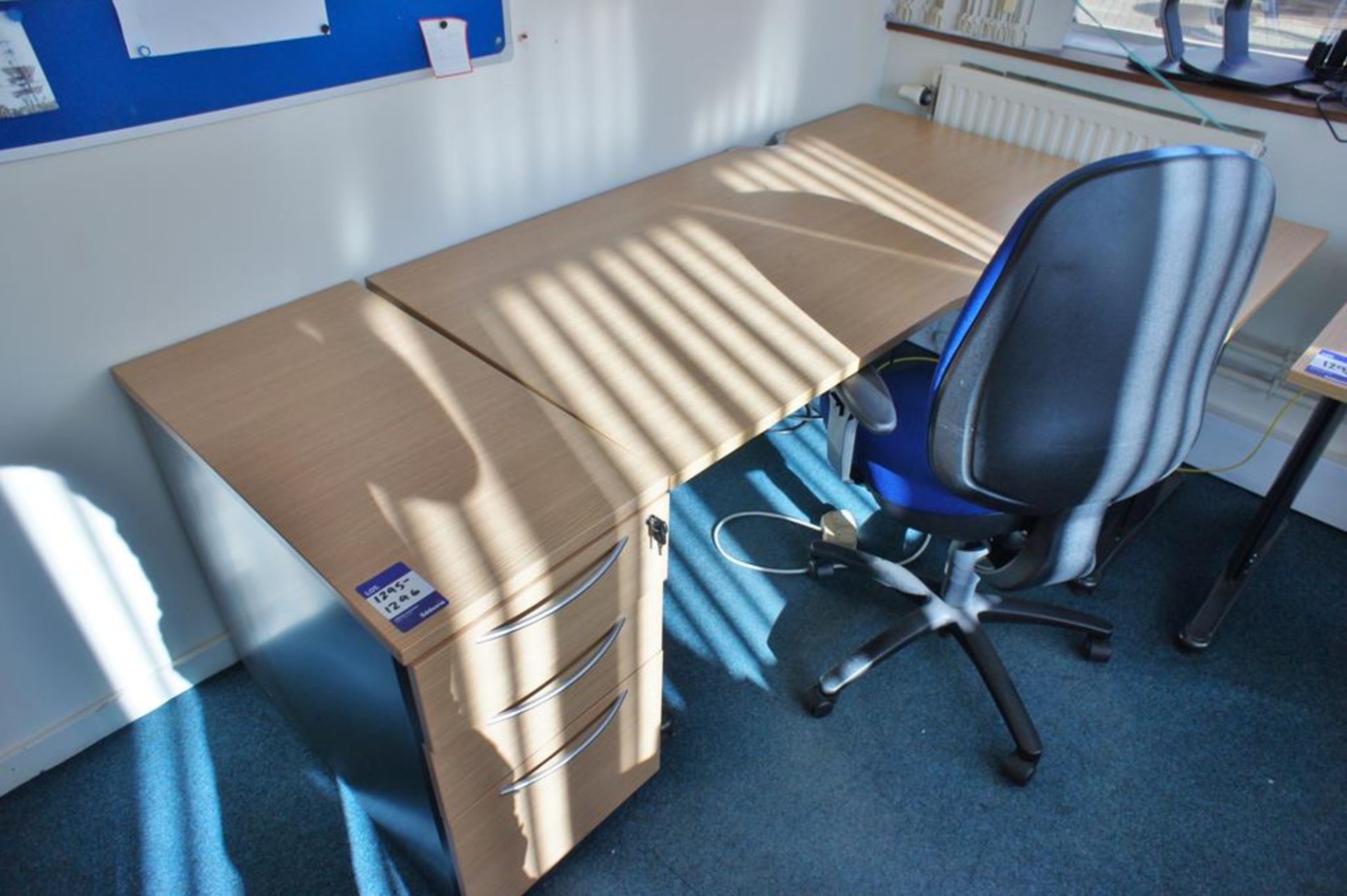 * Oak Effect R/H Radius Desk 1600 x 1200 with Desk High Pedestal and Upholstered Mobile Office Chair - Image 3 of 3