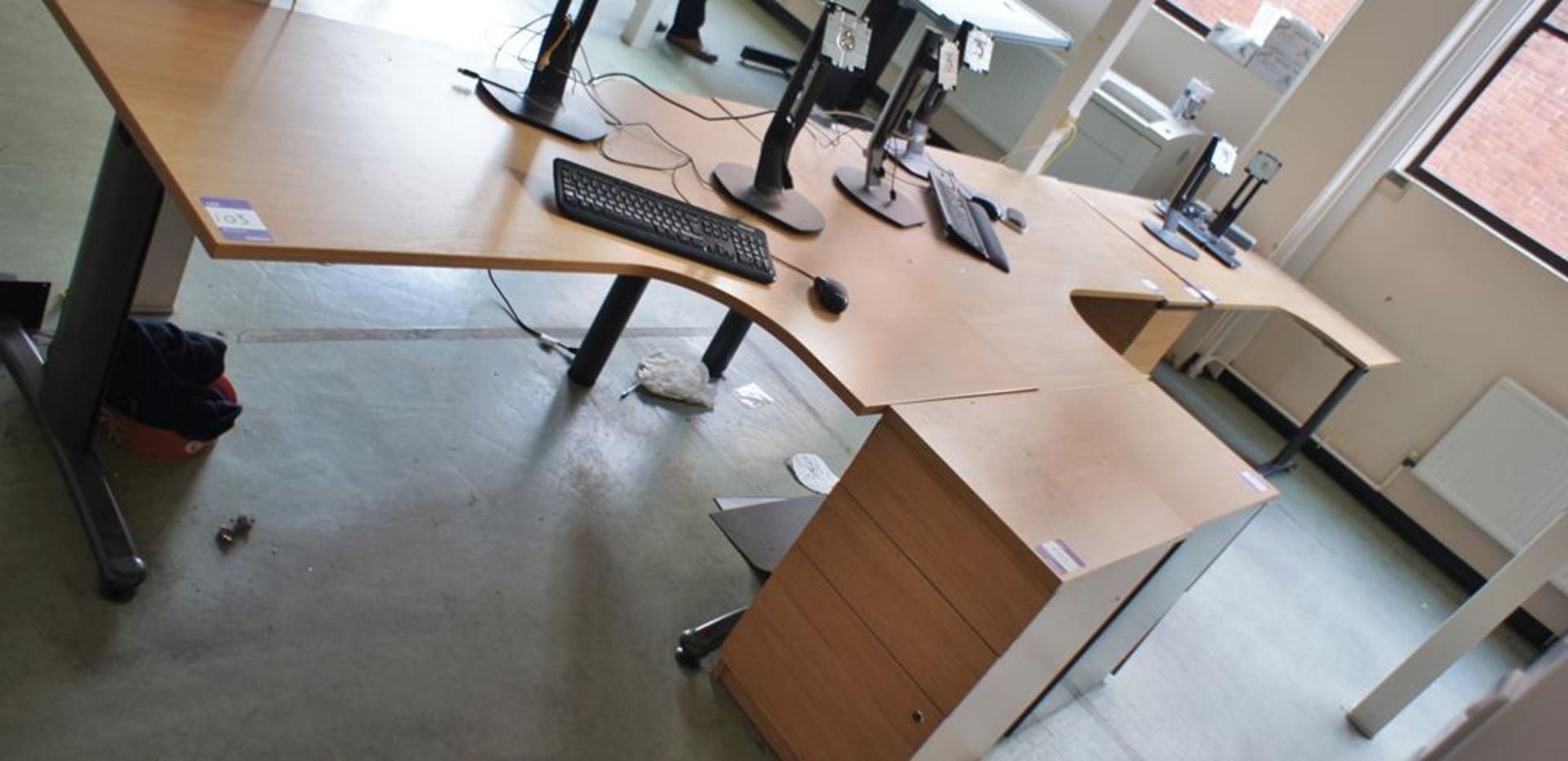 * 3 Oak Effect Radius Desks with 3 Desk High Pedestals Photographs are provided for example purposes - Image 3 of 4