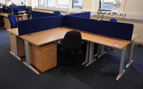 * Oak Effect 4 Person Desk Cluster Comprising of 2 R/H Radius Desks 1600x1200mm, 2 L/H Radius