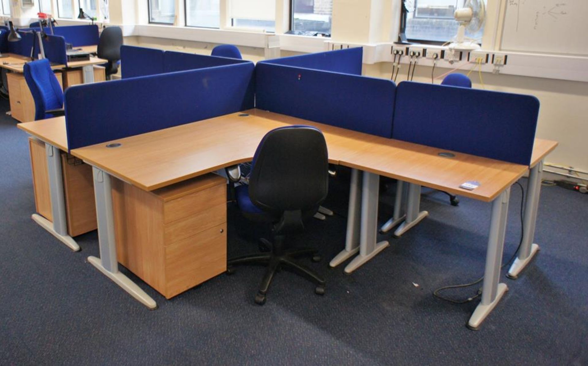 * Oak Effect 4 Person Desk Cluster Comprising of 2 R/H Radius Desks 1600x1200mm, 2 L/H Radius