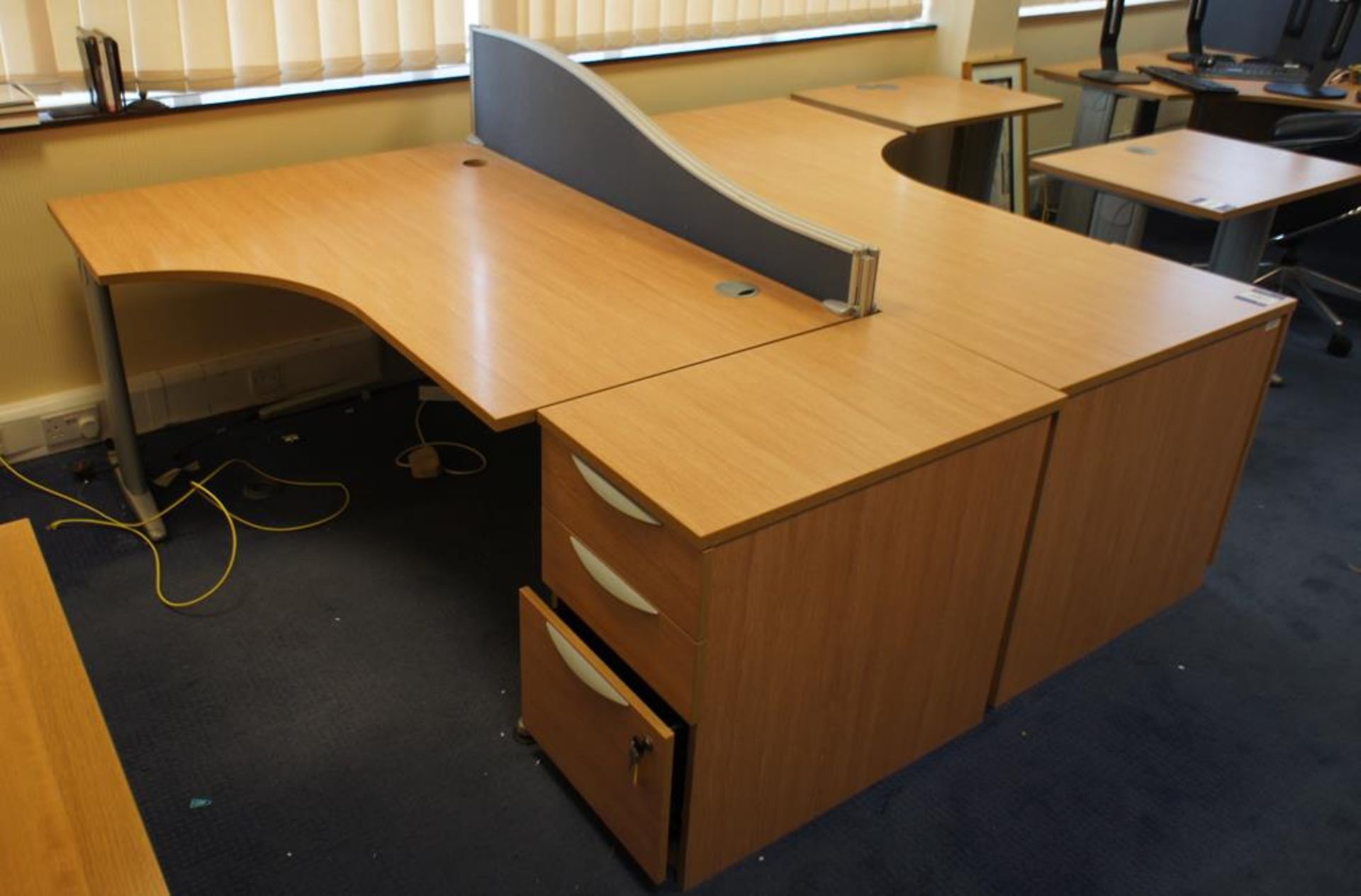 * Oak Effect Desk Cluster comprising R/H Radius Desk 1600 x 1200, L/H Radius Desk 1600 x 1200, 2 x