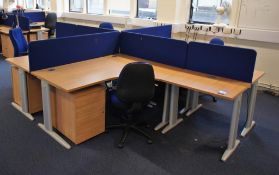 * Oak Effect 4 Person Desk Cluster Comprising of 2 R/H Radius Desks 1600x1200mm, 2 L/H Radius