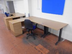 * Light Oak Effect L/H Radius Desk with Table Extension, Desk High 3 Drawer Pedestal and Mobile
