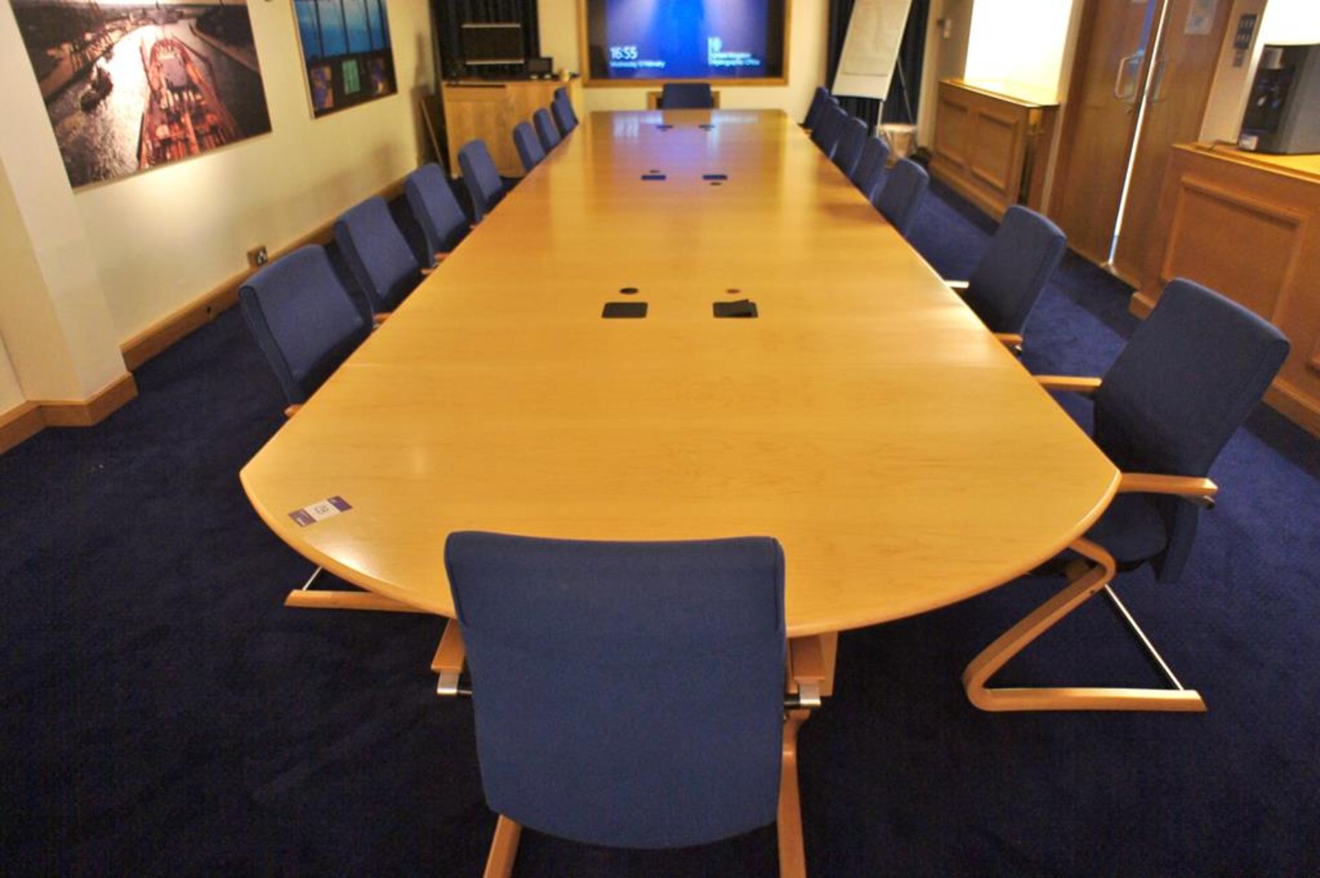 * 7-Section Board Room Table 7500 x 1750 with integrated Power/Network Ports and 18 x Upholstered