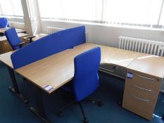 * Oak Effect Desk Cluster comprising L/H and R/H Radius Desk 1600 x 1200, 2 Desk High 3 Drawer
