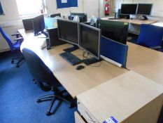 * Oak Effect Desk Cluster comprising 4 Wave Fronted Desks 1600 x 1000, 4 Desk High 3 Drawer