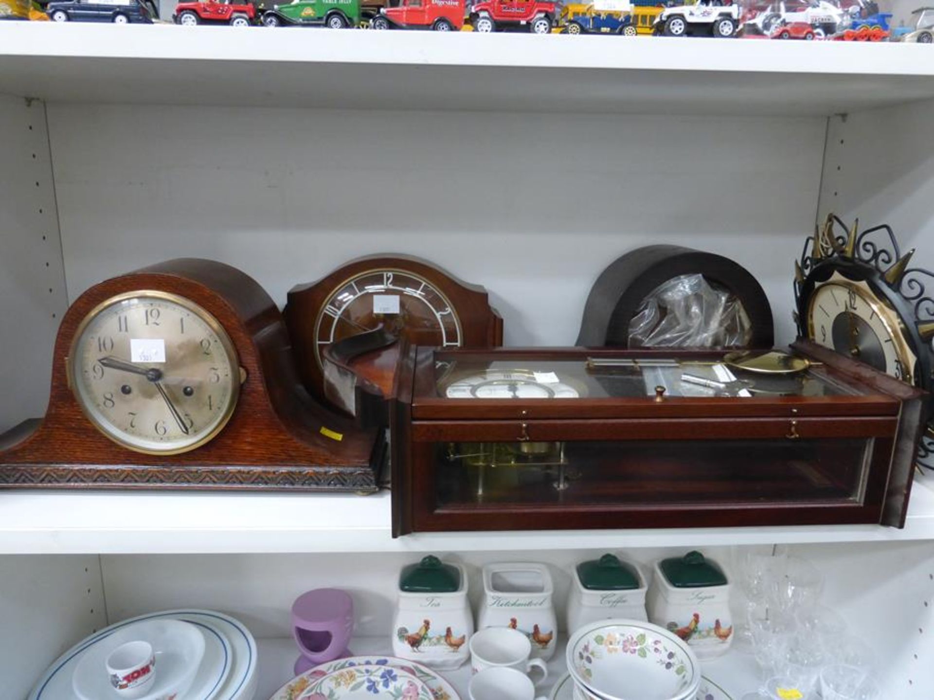 Three Mantle Clocks (one a/f) and two Wall Hanging Clocks (5) (est £30-£50)