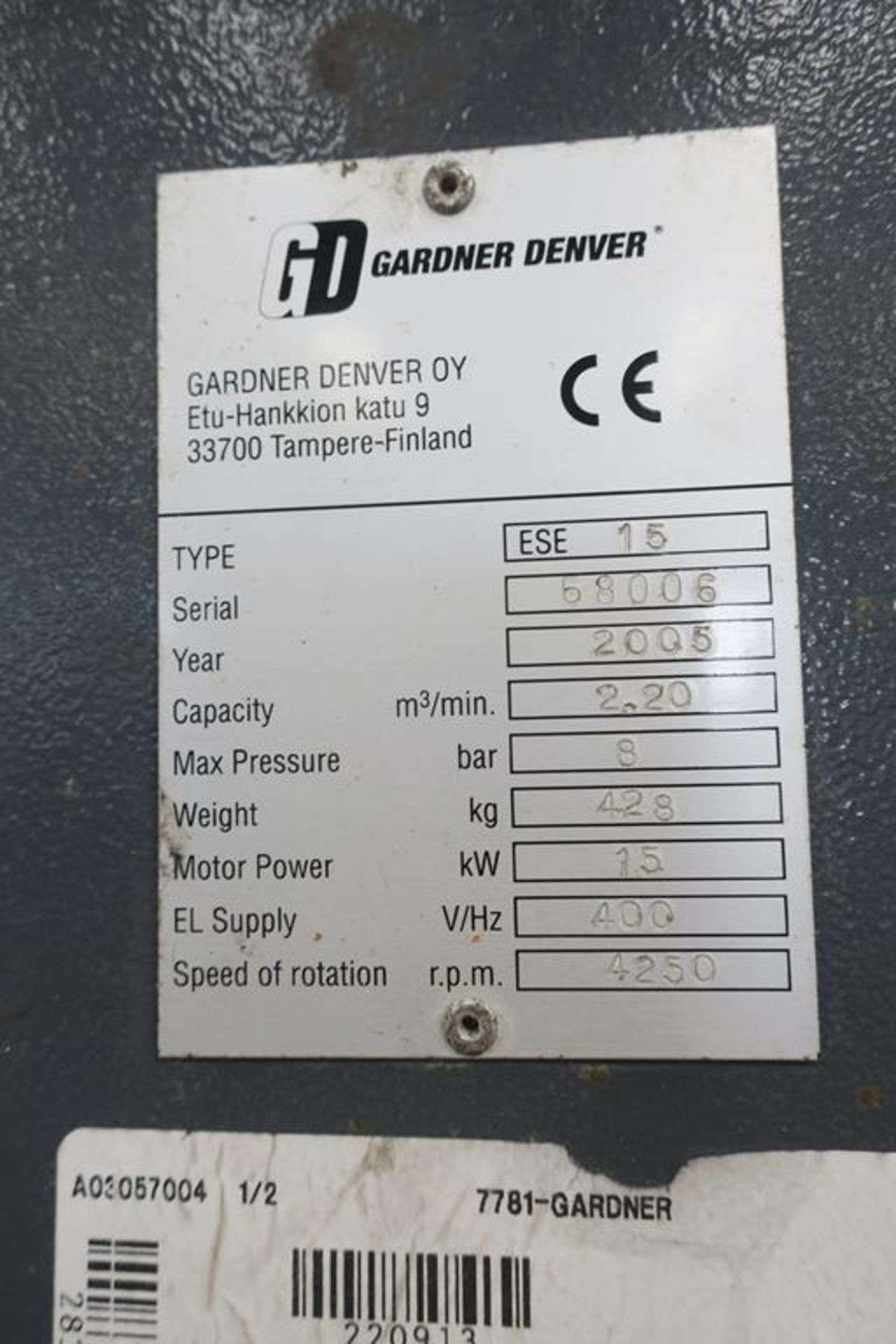 Gardner Denver Receiver Mounted Compressor - Image 2 of 2